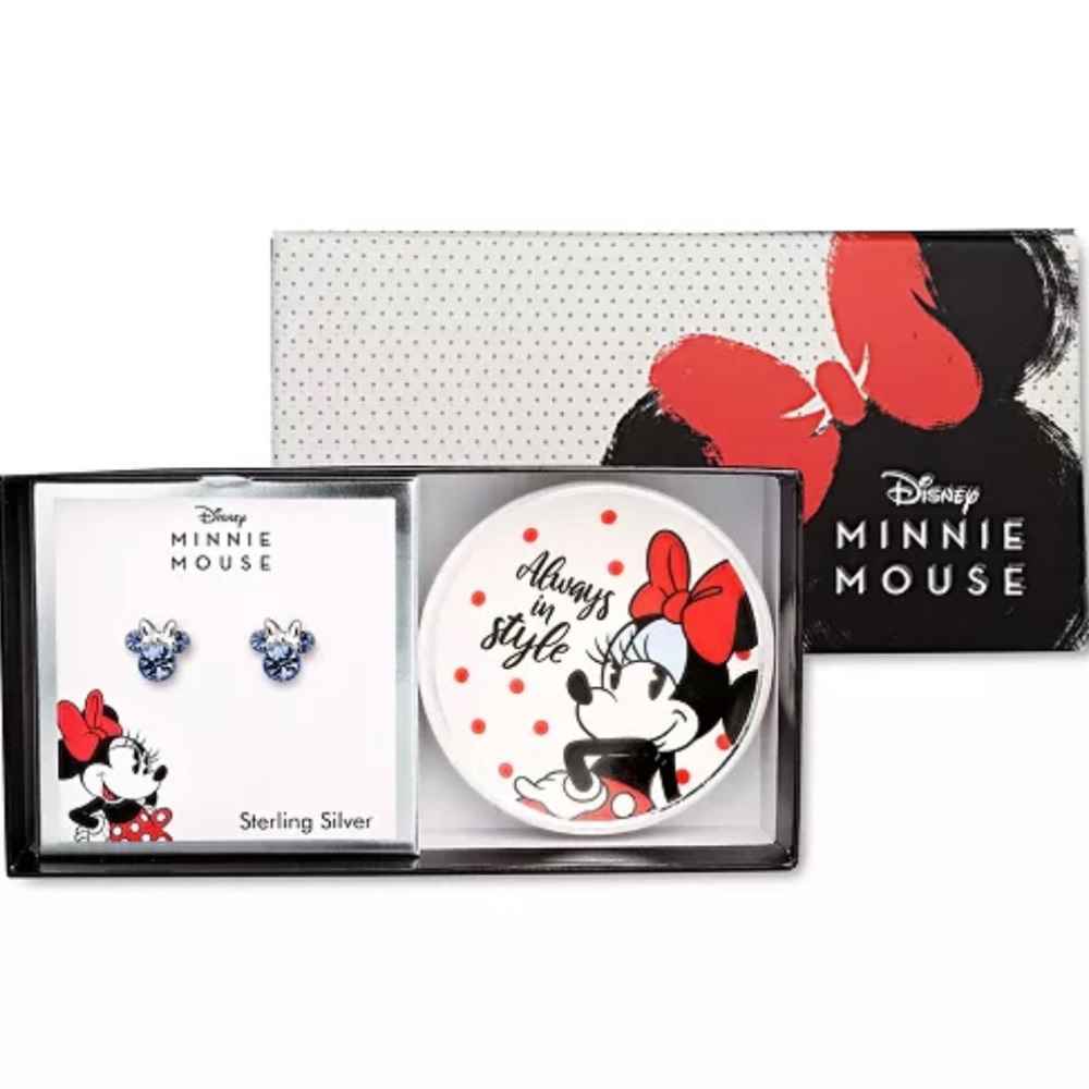 ❤️Minnie Mouse Blue Crystal Stud Earrings in Sterling Silver & Trinket Dish